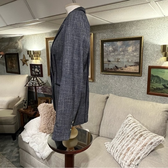 TOMMY HILFIGER Womens 10 Navy Blue Tweed Linen Look Jacket Blazer Lapel Logo Pin - Picture 4 of 16